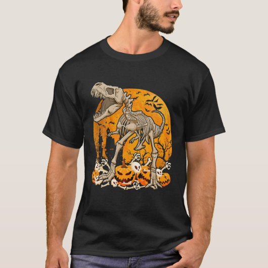 Dinosaur T Rex Skeleton Pumpkin mit MondHallowee T-Shirt (Vorderseite)