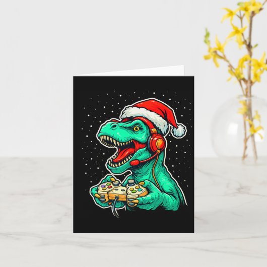 Dinosaur T Rex spielt Videospiel Weihnachtsmannmüt Karte (Gelbe Blume)