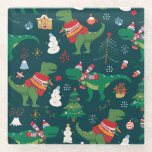 Dinosaur T-Rex: Weihnachten Neues Jahr. Glasuntersetzer