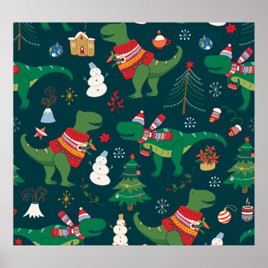 Dinosaur T-Rex: Weihnachten Neues Jahr. Poster (Vorne)