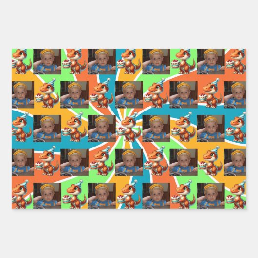 Dinosaur T-rex zum Thema Personalisierter Geburtst Geschenkpapier Set (Vorderseite)