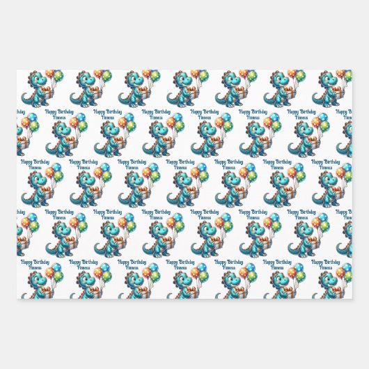 Dinosaur T-rex zum Thema Personalisierter Geburtst Geschenkpapier Set (Vorderseite 2)