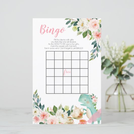 Dinosaur Tee Party Peach Floral Baby Dusche Bingo (Stehend Vorderseite)