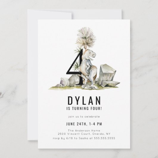 Dinosaur Thema 4. Geburtstag Party Einladung (Vorderseite)