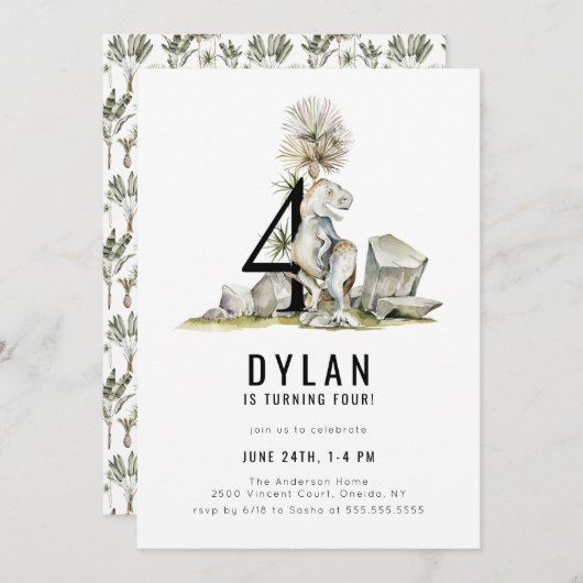 Dinosaur Thema 4. Geburtstag Party Einladung (Vorne/Hinten)