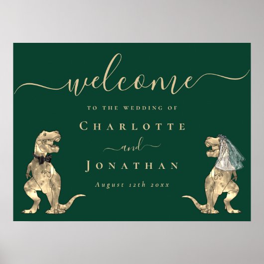 Dinosaur Thema Hochzeit Willkommen dunkelgrün Poster (Vorne)