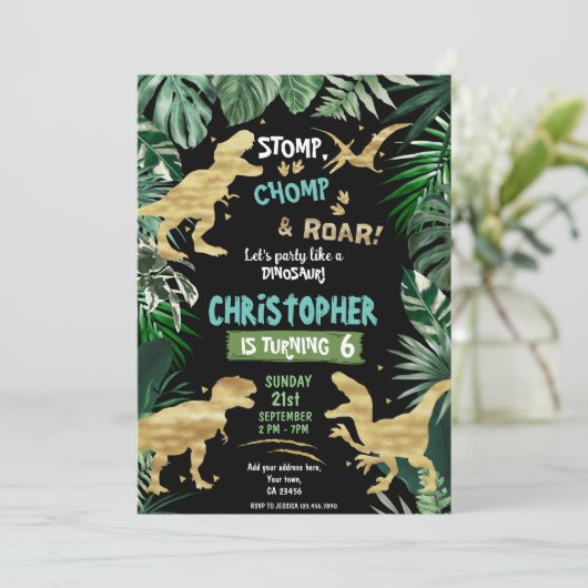 Dinosaur Theme Geburtstagsparty Einladung (Stehend Vorderseite)