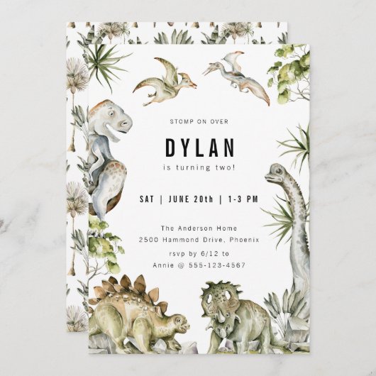 Dinosaur Theme Geburtstagsparty Einladung (Vorne/Hinten)