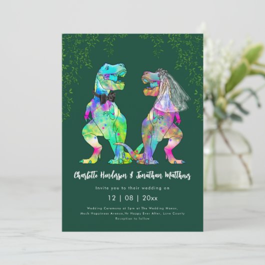 Dinosaur theme Green Wedding QR Code  Einladung (Stehend Vorderseite)