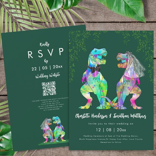 Dinosaur theme Green Wedding QR Code Einladung
