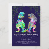 Dinosaur theme Navy Blue Pink Wedding QR Code Einladung (Vorderseite)
