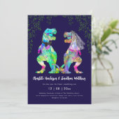 Dinosaur theme Navy Blue Pink Wedding QR Code Einladung (Stehend Vorderseite)