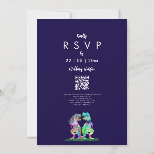 Dinosaur theme Navy Blue Pink Wedding QR Code Einladung (Rückseite)