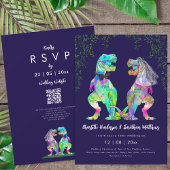 Dinosaur theme Navy Blue Pink Wedding QR Code Einladung