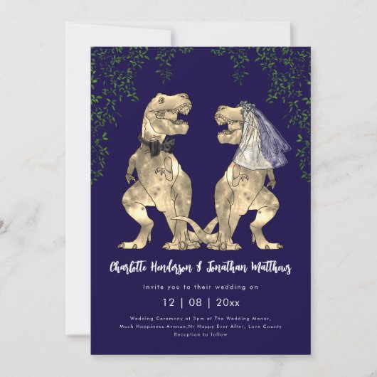 Dinosaur theme Navy Blue Wedding QR Code Einladung (Vorderseite)
