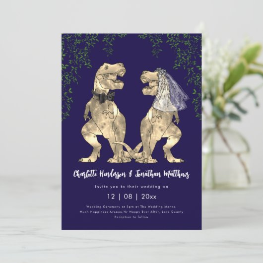 Dinosaur theme Navy Blue Wedding QR Code Einladung (Stehend Vorderseite)