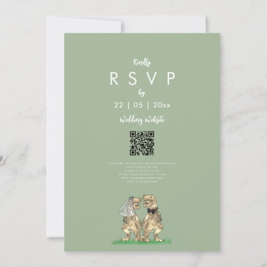 Dinosaur theme Sage Green Wedding QR Code Einladung (Rückseite)