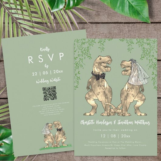 Dinosaur theme Sage Green Wedding QR Code  Einladung