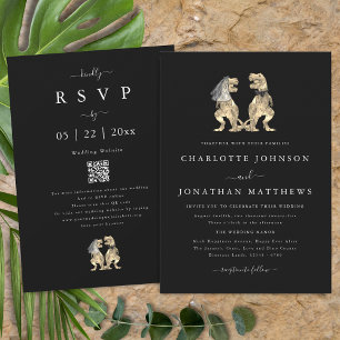 Dinosaur Theme Wedding Black and White QR Code Einladung