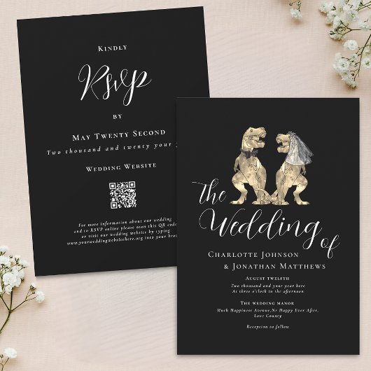 Dinosaur Theme Wedding Black and White QR Code Einladung