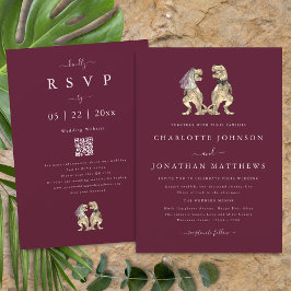Dinosaur Theme Wedding Burgundy Cream QR Code Einladung