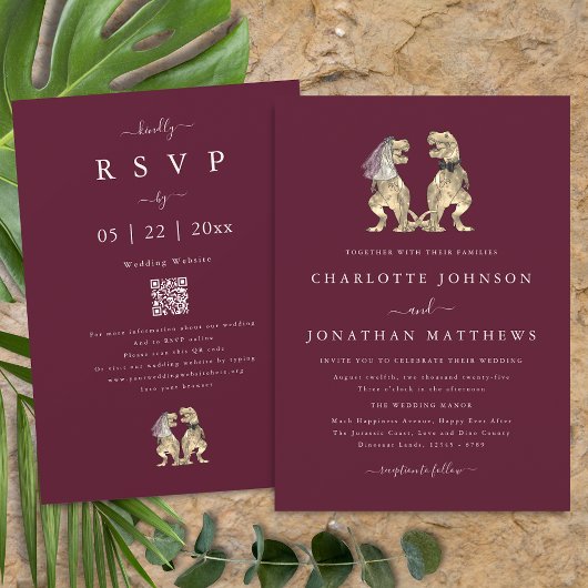 Dinosaur Theme Wedding Burgundy Cream QR Code Einladung