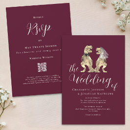 Dinosaur Theme Wedding Burgundy Cream QR-Code Einladung
