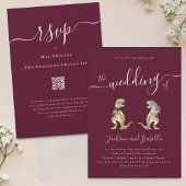Dinosaur Theme Wedding Burgundy Cream QR Code Einladung