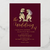 Dinosaur Theme Wedding Burgundy Gold Folieneinladung (Vorderseite)
