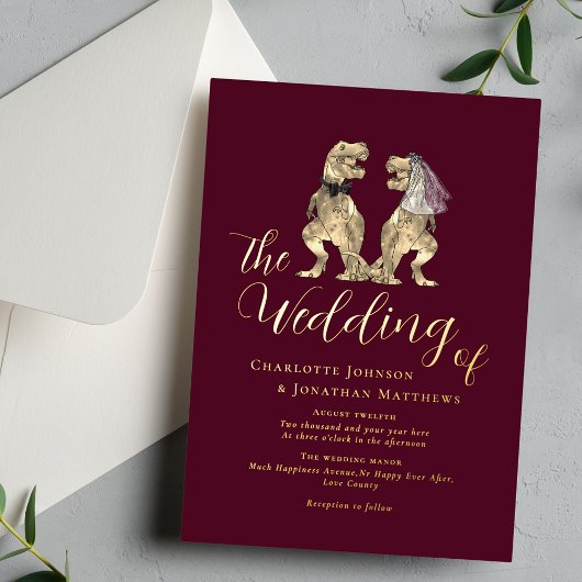 Dinosaur Theme Wedding Burgundy Gold Folieneinladung