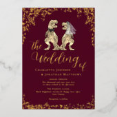 Dinosaur Theme Wedding Burgundy Red and Gold Folieneinladung (Vorderseite)