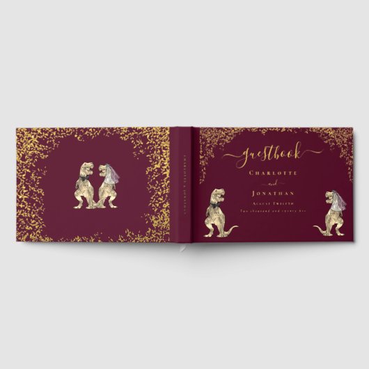 Dinosaur Theme Wedding Burgundy Red & Gold Gästebuch (Voll)