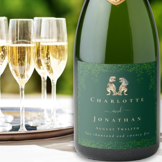 Dinosaur Theme Wedding Dark Green Schaumweinetikett