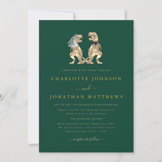 Dinosaur Theme Wedding Green Gold QR Code Einladung (Vorderseite)