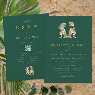 Dinosaur Theme Wedding Green Gold QR Code Einladung