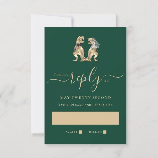 Dinosaur Theme Wedding Green Reply RSVP Karte (Vorderseite)