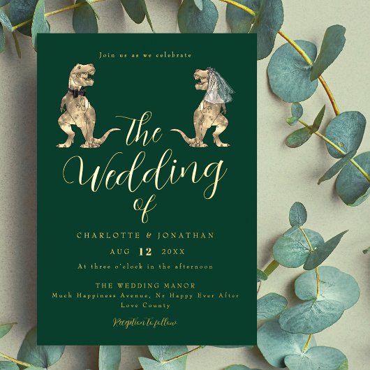 Dinosaur Theme Wedding Green und Gold Folieneinladung