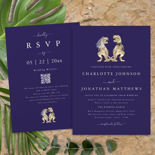 Dinosaur Theme Wedding Navy Blue QR Code Einladung