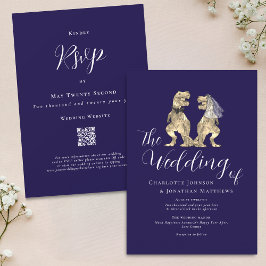Dinosaur Theme Wedding Navy Blue White QR Code Einladung