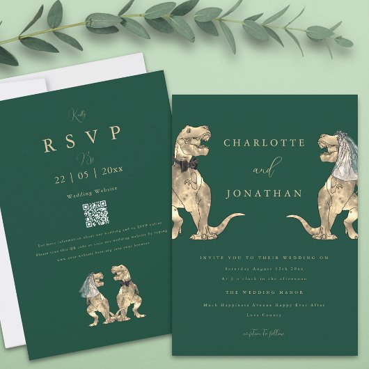 Dinosaur Theme Wedding QR-Code Green Einladung