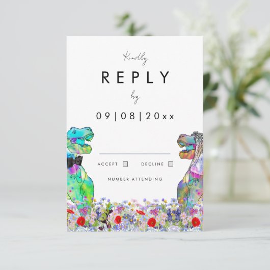 Dinosaur Theme Wedding Reply RSVP Karte (Stehend Vorderseite)