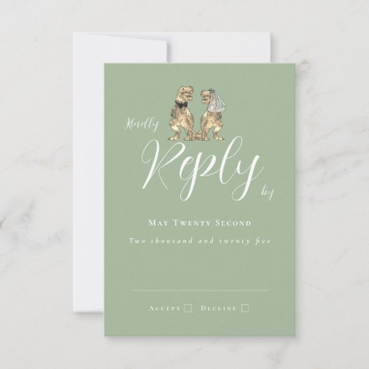 Dinosaur Theme Wedding Reply Sage Green RSVP Karte (Vorderseite)