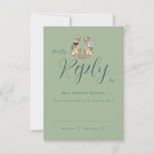 Dinosaur Theme Wedding Reply Sage Green RSVP Karte (Vorderseite)