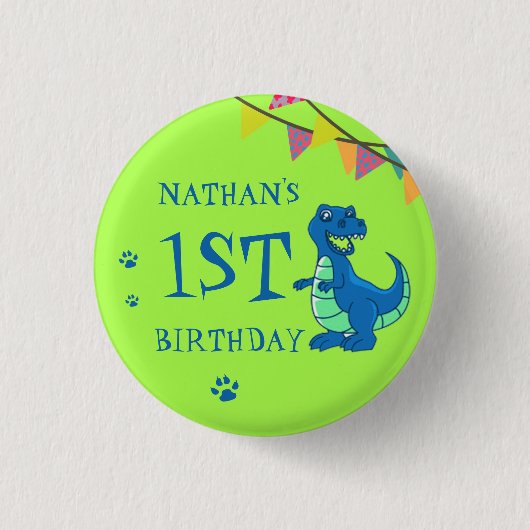 Dinosaur Themed Niedlich Blue Green Paw Birthday Button (Vorderseite)