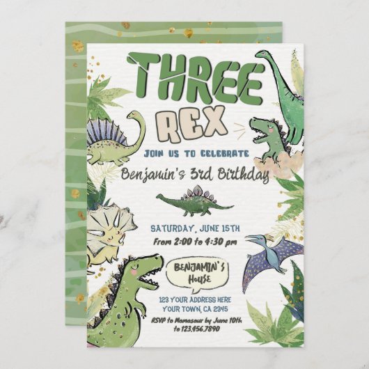 Dinosaur Themed Party 3. Geburtstag, Three Rex Einladung (Vorne/Hinten)