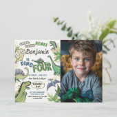 Dinosaur Themed Party 4. Geburtstag, Dino Vier Einladung (Stehend Vorderseite)