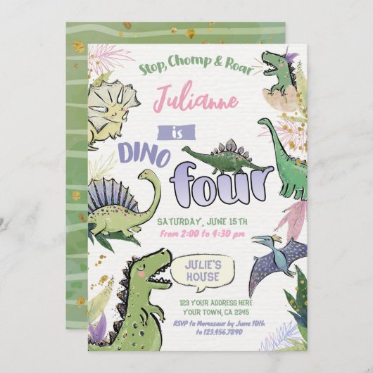 Dinosaur Themed Party Dino 4. Geburtstag Einladung (Vorne/Hinten)