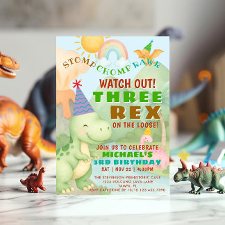 Dinosaur Themed Three Rex Birthday Party Boy Einladung