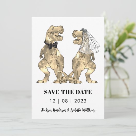 Dinosaur Themed Wedding Green Save The Date (Stehend Vorderseite)