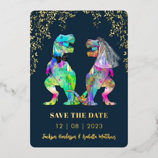 Dinosaur Themed Wedding Save the Date Gold Folieneinladung (Vorderseite)